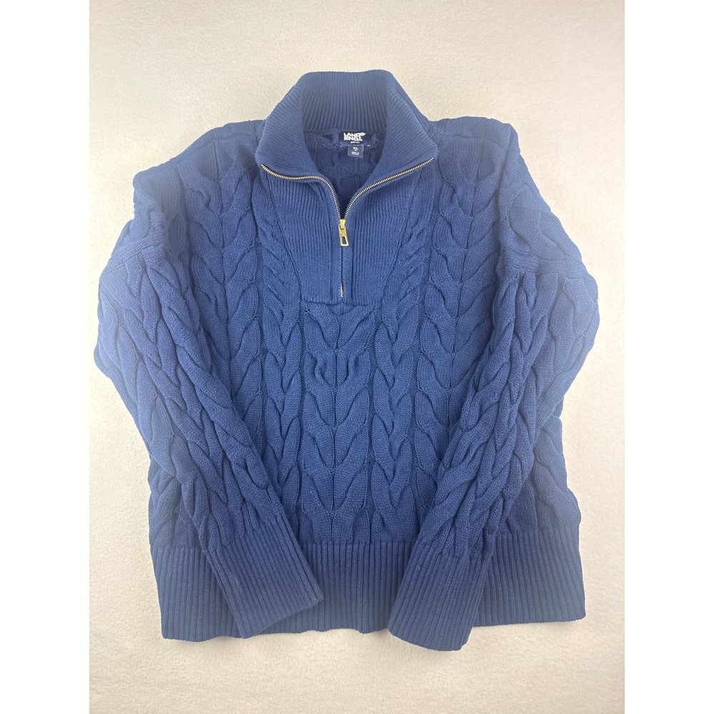 Lands End Drifter Cable Knit Quarter Zip Mock Neck Cotton Sweater Blue Womens XL